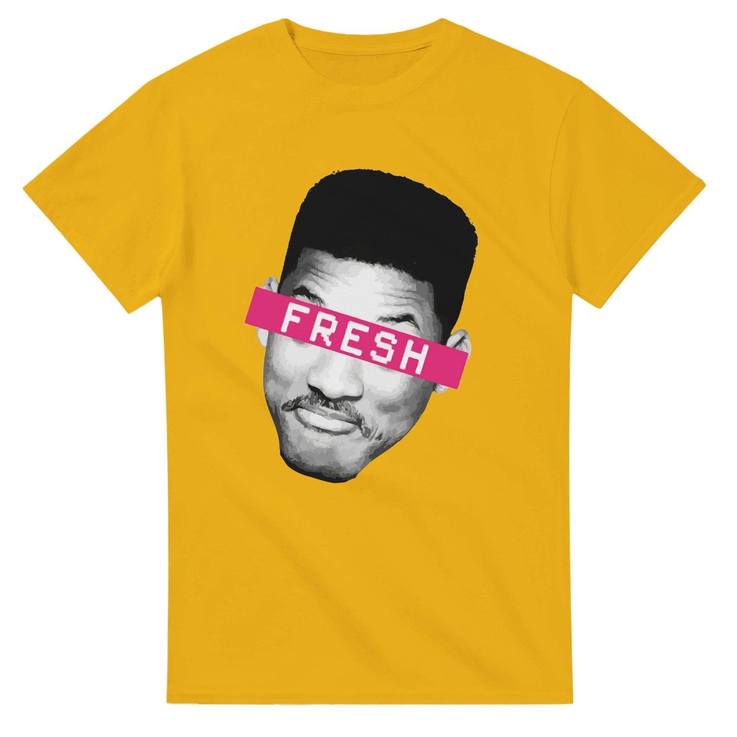 Yellow Fresh Prince of Bel Air T-Shirt with graphic of character face and pink Fresh text
