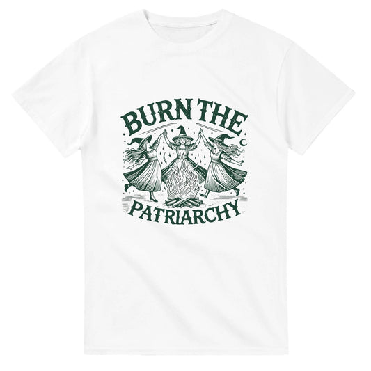 White 101SHIRTS burn the patriarchy shirt with witches dancing around a fire graphic