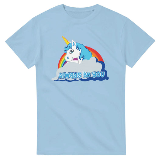 Light blue Central Intelligence unicorn shirt with a colorful unicorn and rainbow graphic saying Always Be You
