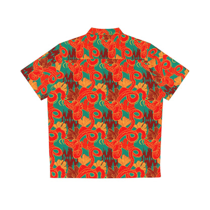 Printify Hawaii Hemd featuring vibrant red and orange Chinese dragon Hawaiian shirt design on green background