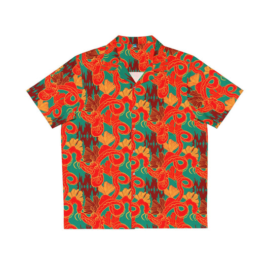Printify Chinese dragon Hawaiian shirt in vibrant red and green with detailed dragon and floral patterns