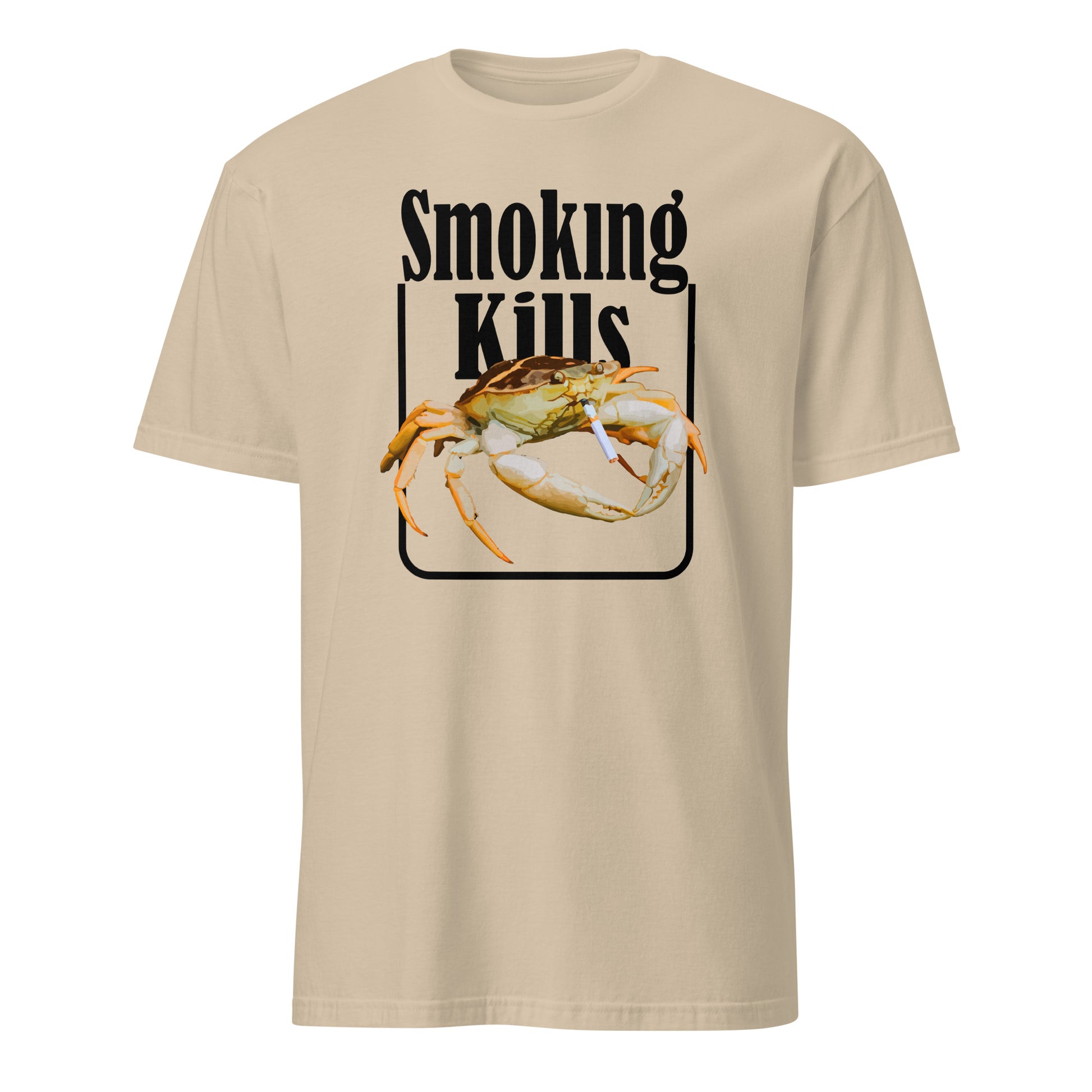 Beige 101SHIRTS crab smoking shirt with Smoking Kills design featuring a crab holding a cigarette