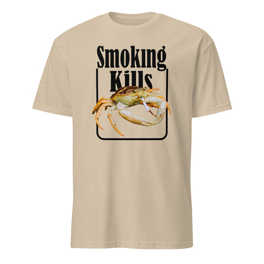 Beige 101SHIRTS crab smoking shirt with Smoking Kills design featuring a crab holding a cigarette