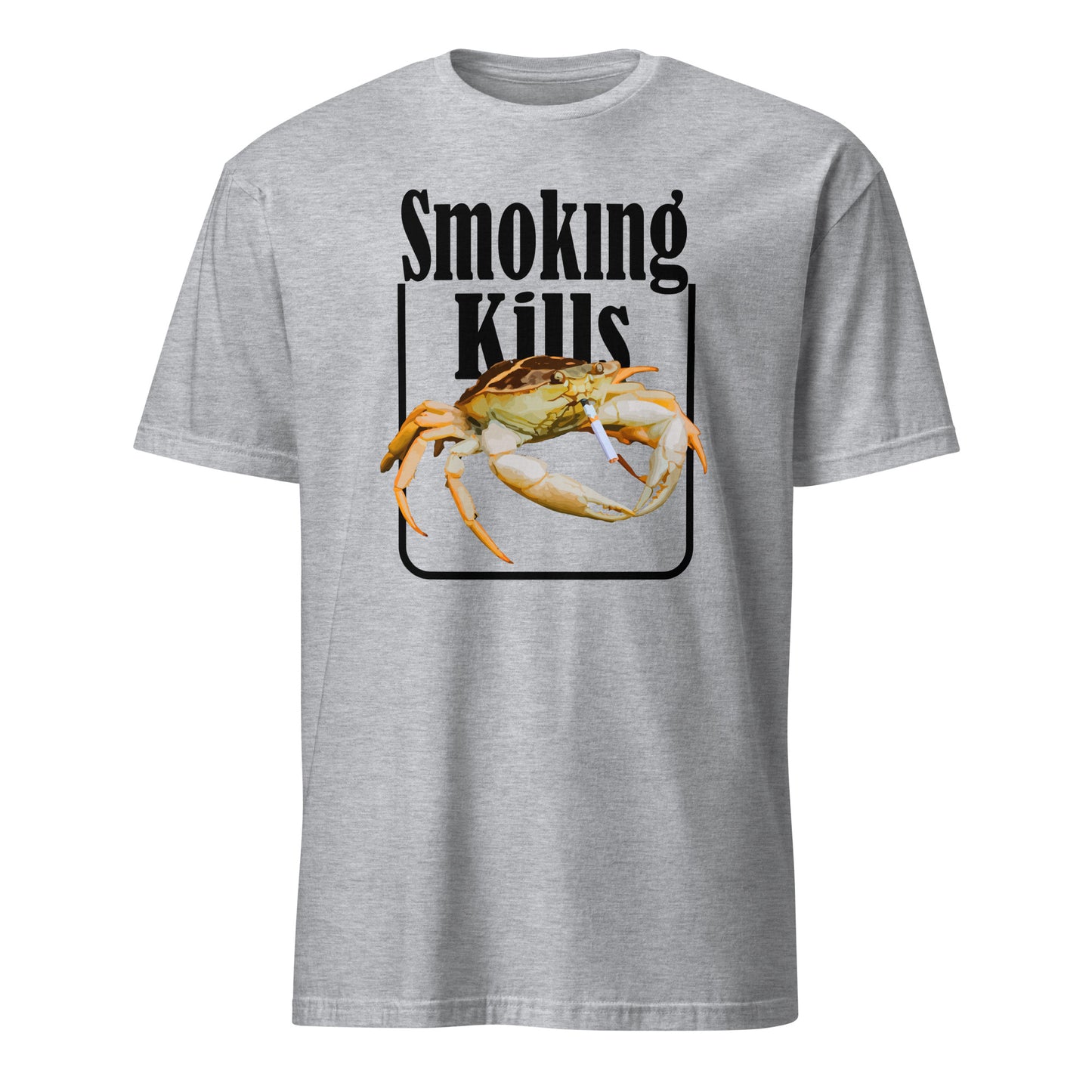 Gray 101SHIRTS crab smoking shirt with Smoking Kills text and crab holding a cigarette