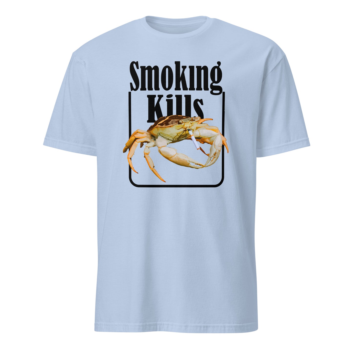 Light blue crab smoking shirt with Smoking Kills text and graphic of crab holding a cigarette