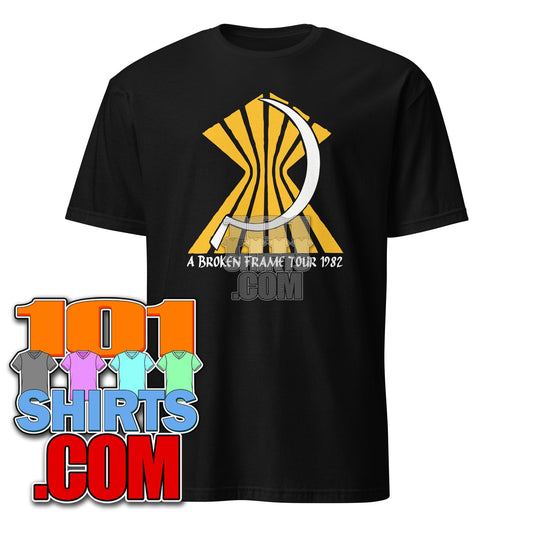 Black Depeche Mode A Broken Frame t-shirt with yellow and white graphic design from 101SHIRTS