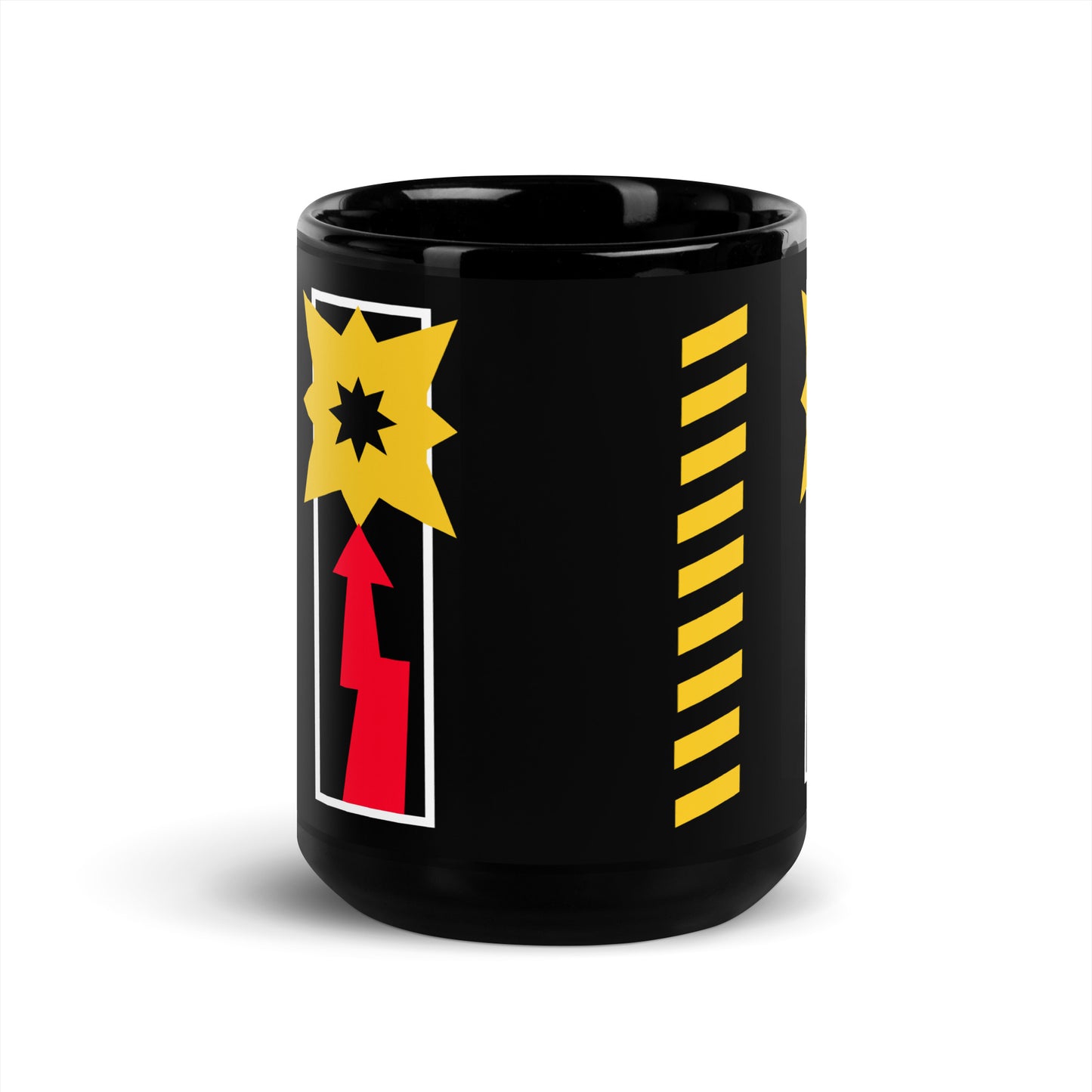 Black Depeche Mode mug with yellow star and red arrow graphic design by 101SHIRTS