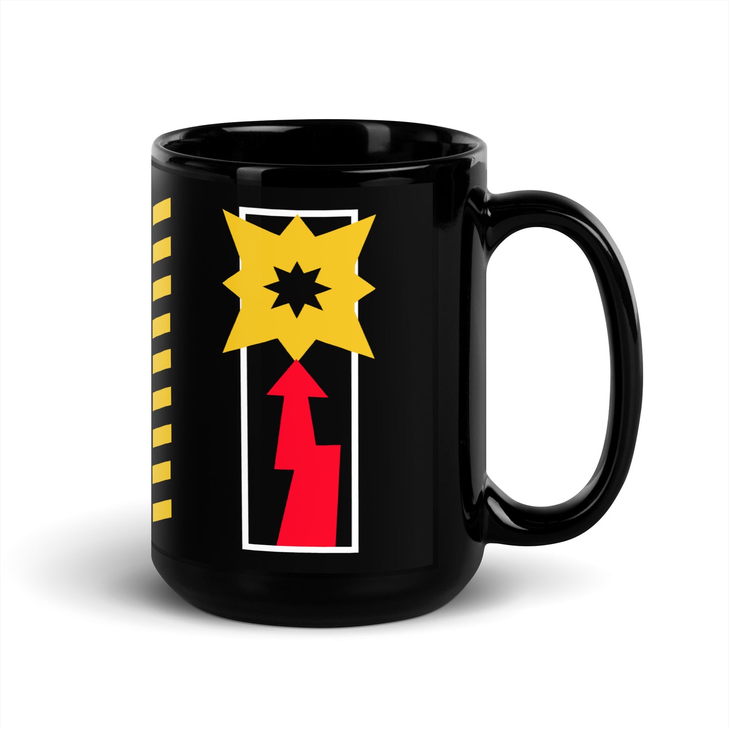 Black Depeche Mode mug with yellow star and red lightning arrow design by 101SHIRTS
