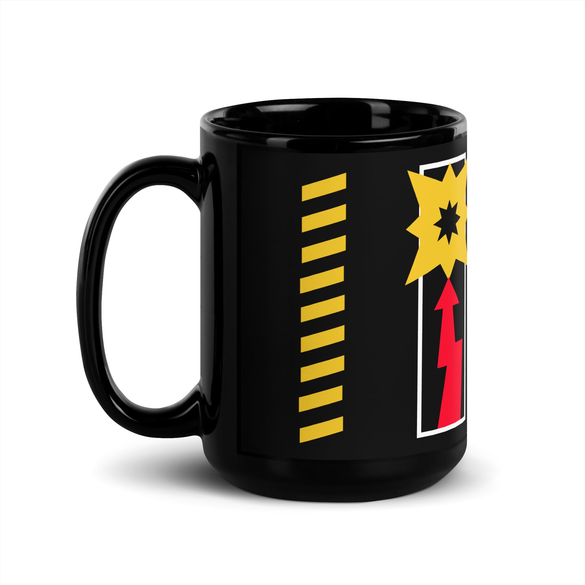 Black Depeche Mode mug with yellow and red graphic design from 101SHIRTS