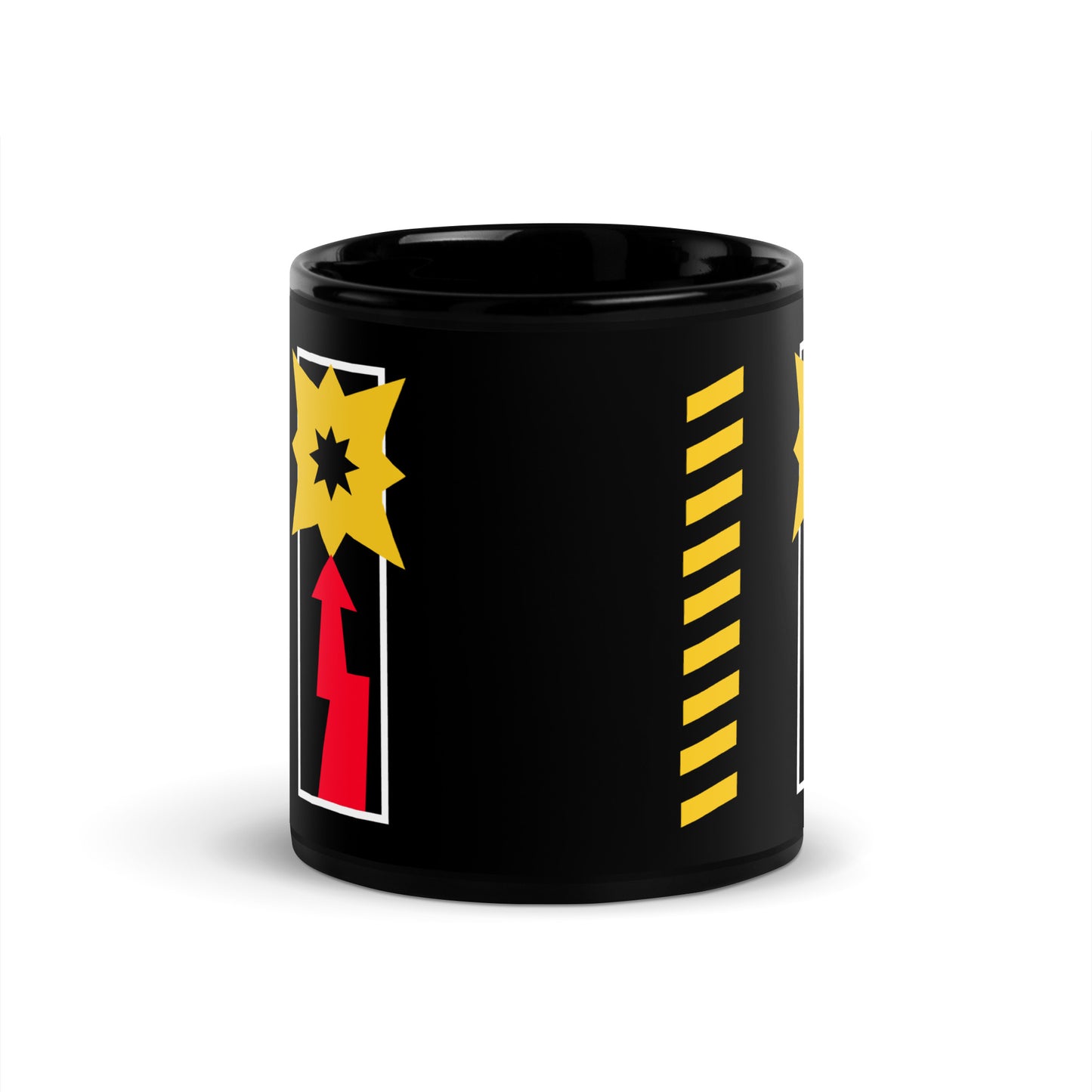 Black Depeche Mode mug with yellow and red graphic design on the side from 101SHIRTS