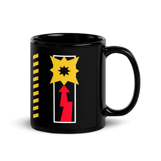 Black 101SHIRTS Depeche Mode mug with yellow star and red arrow graphic design