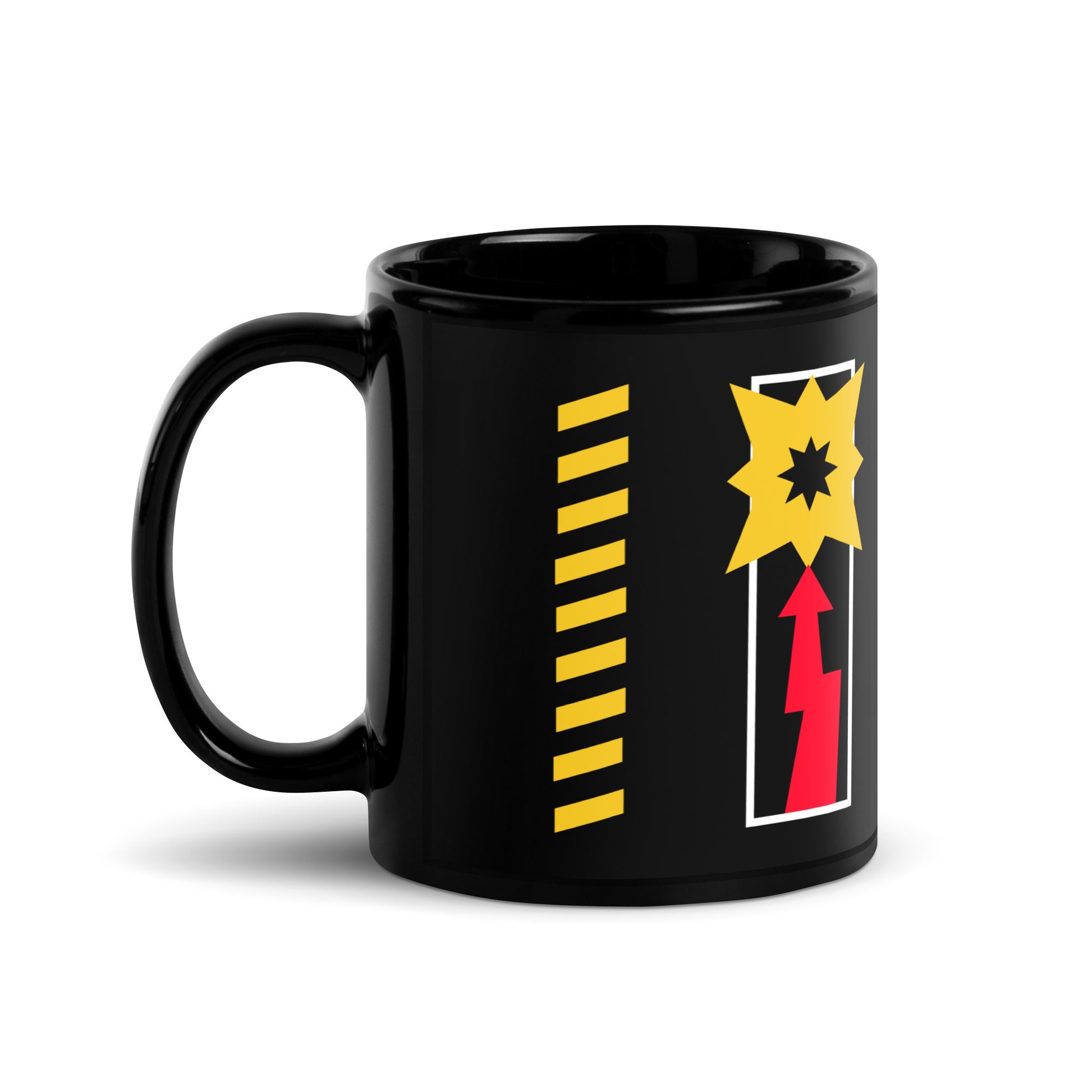 Black 101SHIRTS Depeche Mode mug with yellow star and red lightning bolt design