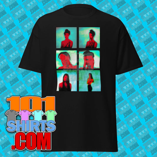 Black Depeche Mode Policy of Truth shirt with artistic red and green blurred portraits design