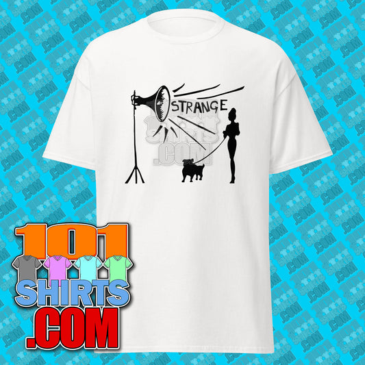 White Depeche Mode Strangelove t-shirt with black graphic of woman and dog in front of spotlight