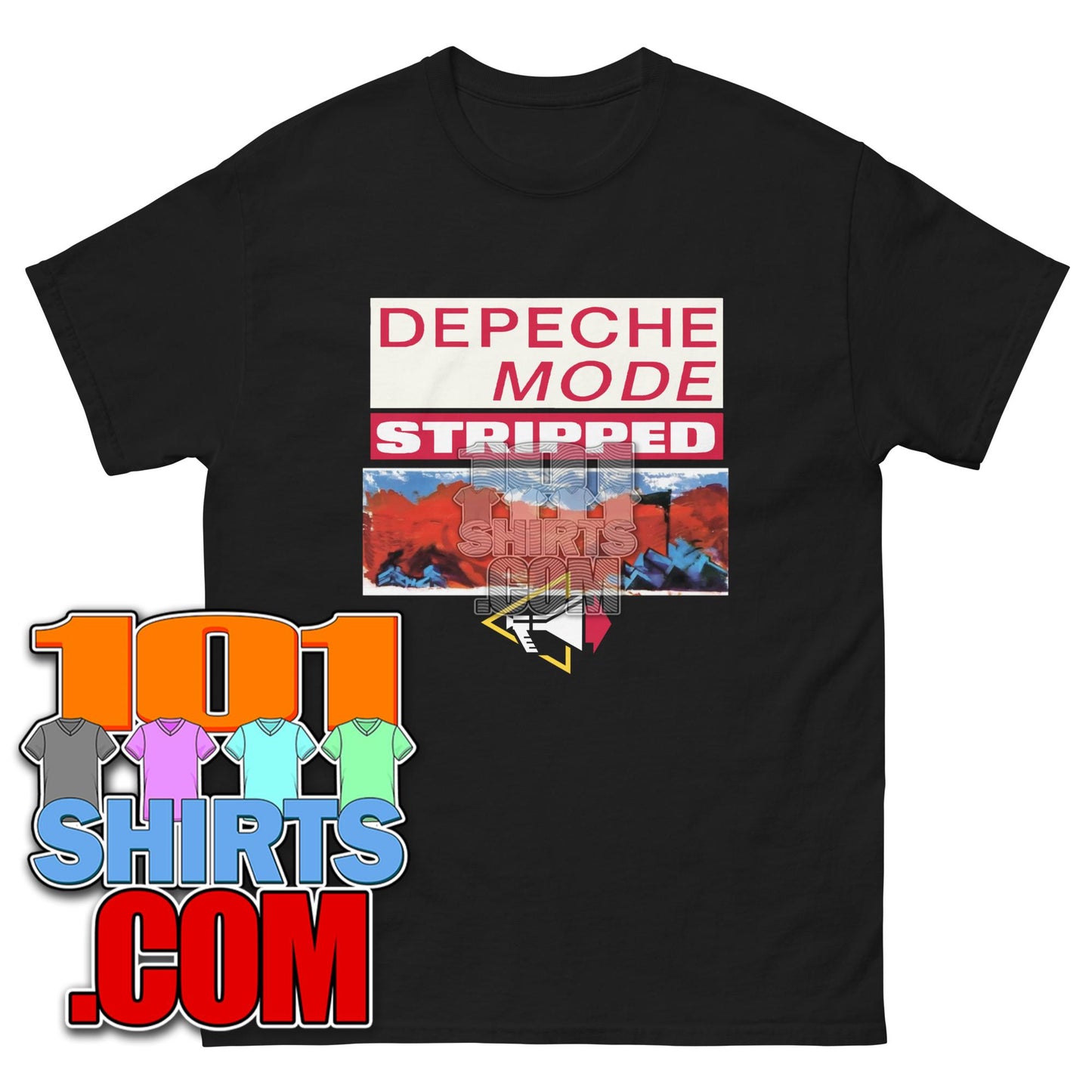 Black Depeche Mode Stripped t-shirt by 101SHIRTS with bold red and white graphic print