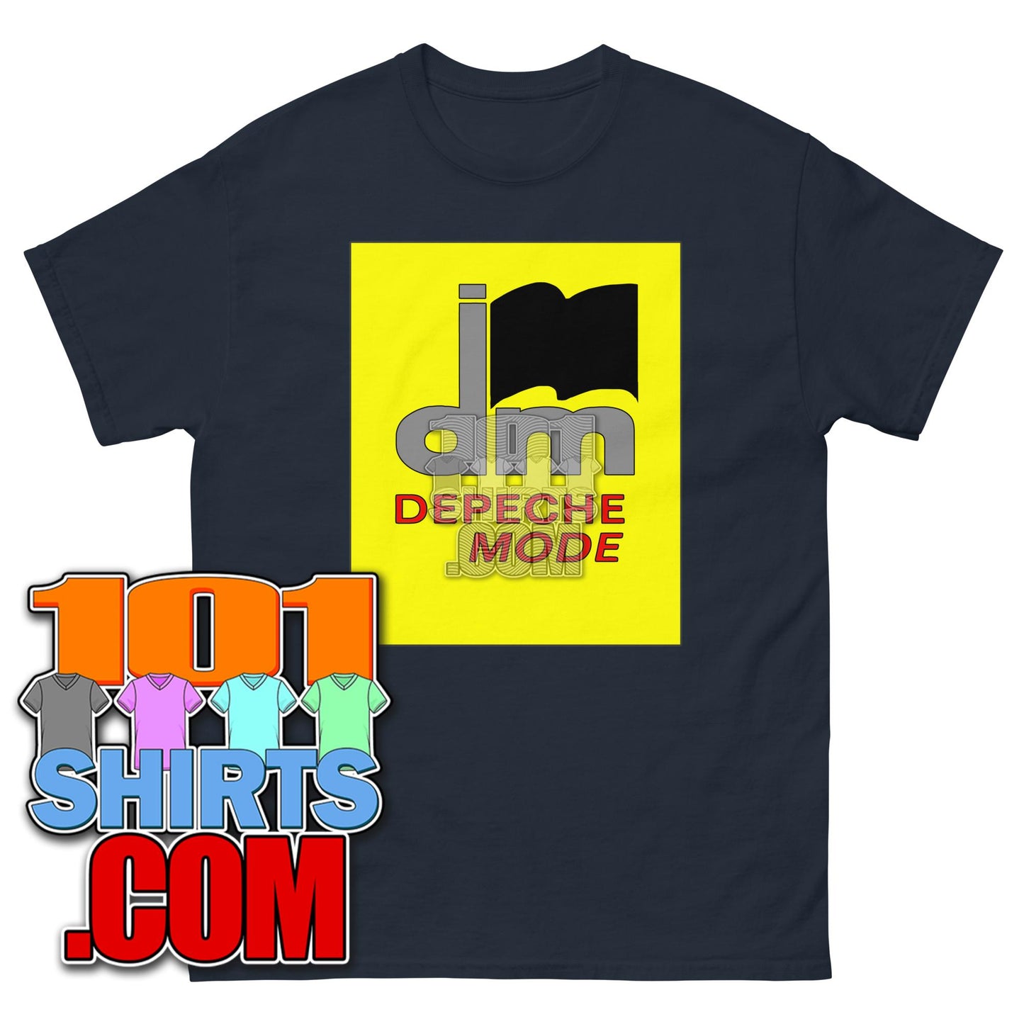 101SHIRTS Depeche Mode tour t-shirt with black flag and yellow background design on black shirt