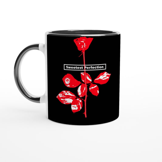 Depeche Mode Violator mug with red rose and Sweetest Perfection text on black background