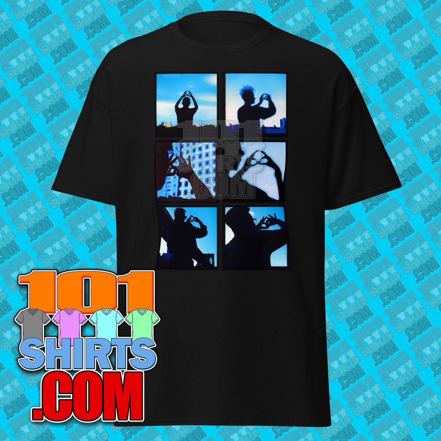 Black Depeche Mode World in My Eyes shirt with blue graphic silhouettes on front by 101SHIRTS