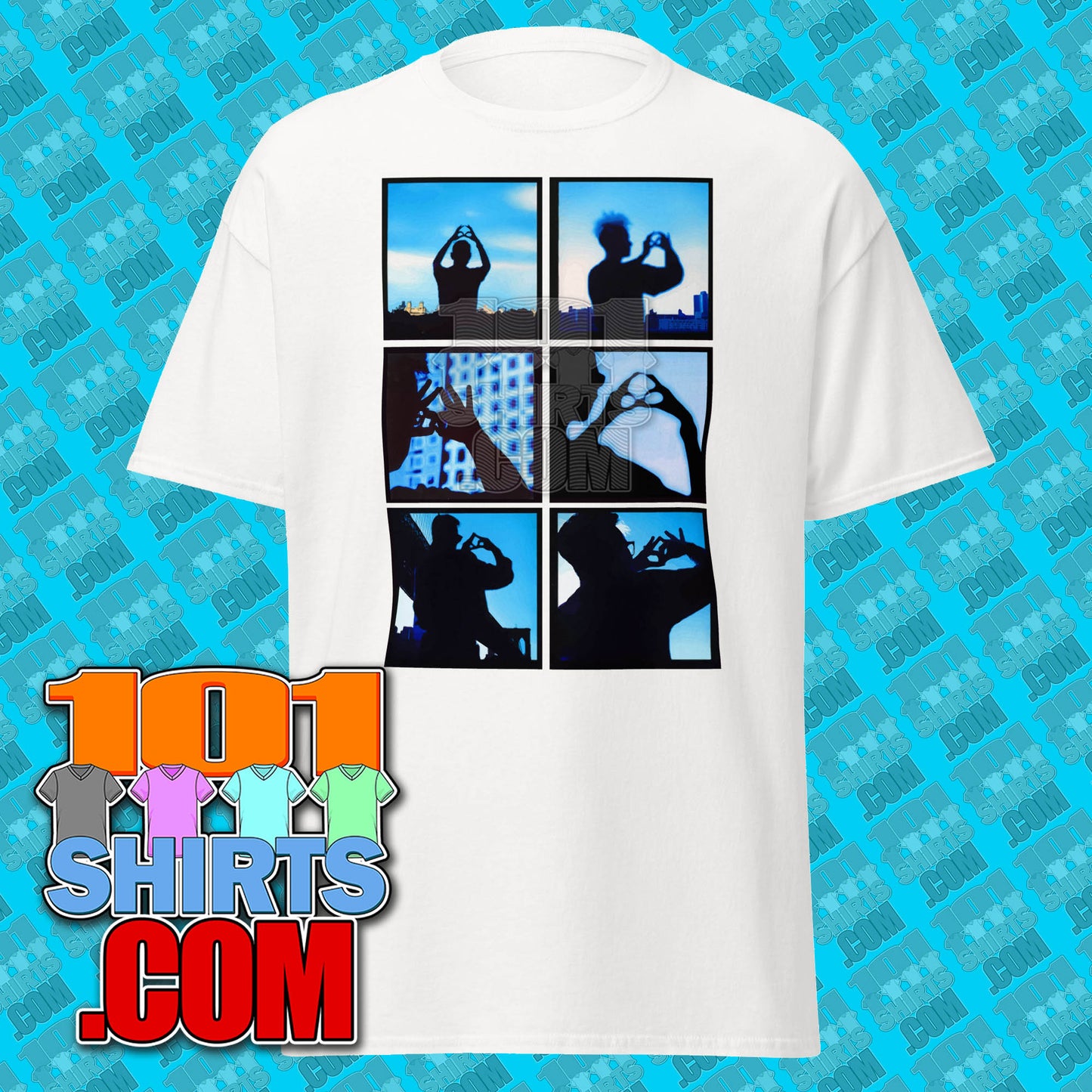 White 101SHIRTS Depeche Mode World in My Eyes shirt with blue and black silhouette photo grid design