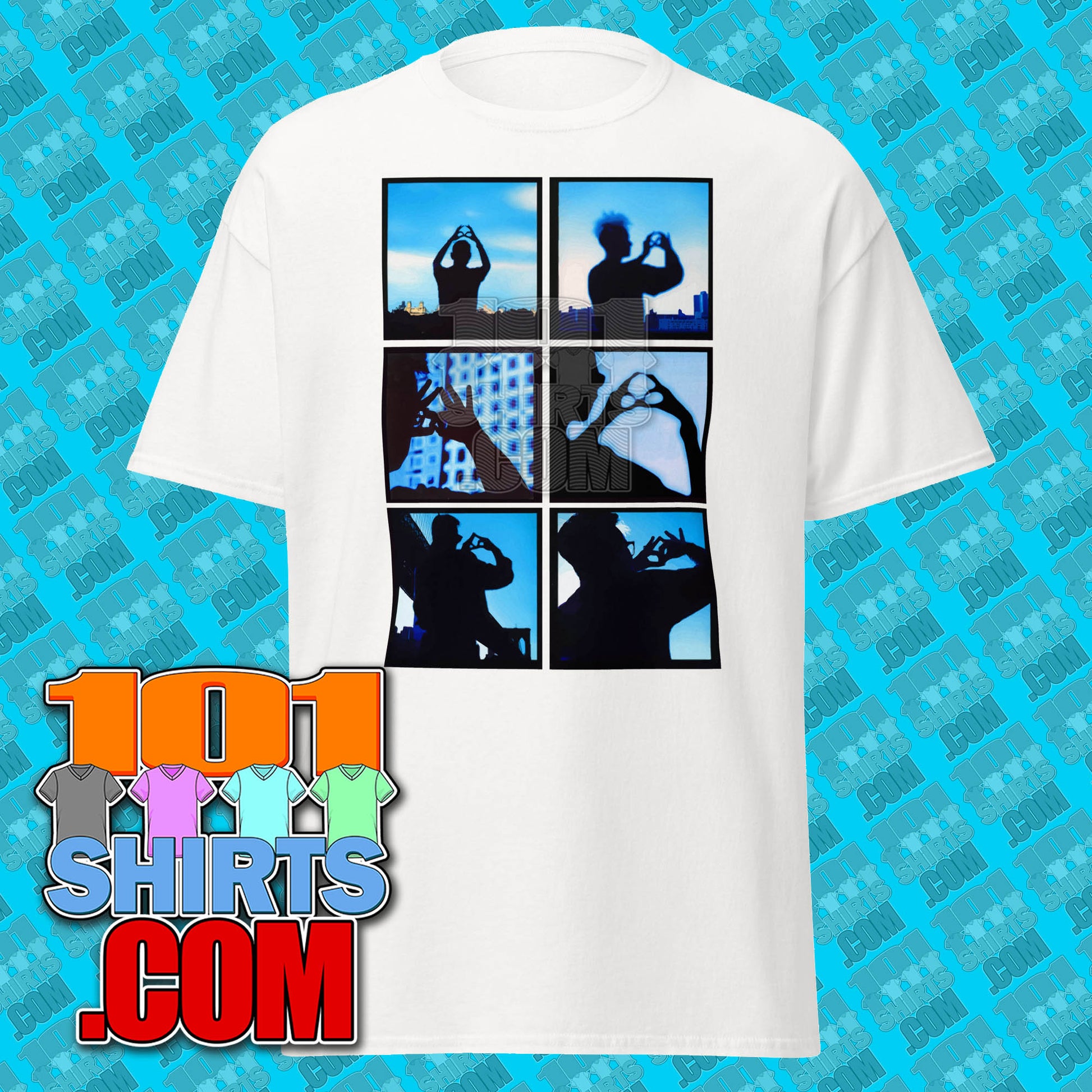 White 101SHIRTS Depeche Mode World in My Eyes shirt with blue and black silhouette photo grid design