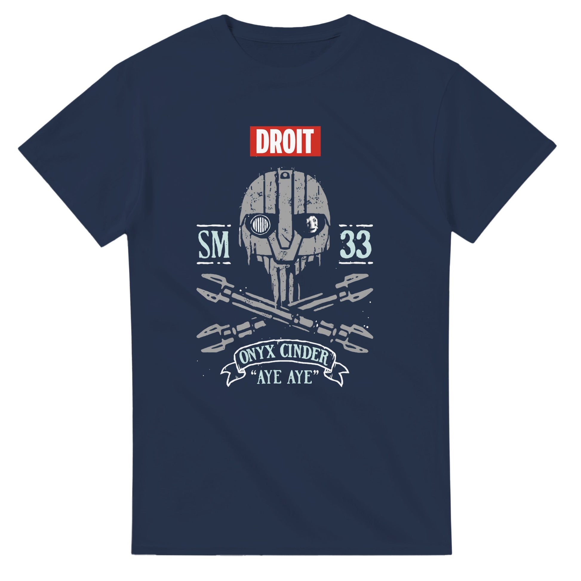Navy blue Star Wars skeleton shirt with droid skull graphic and crossed blasters design