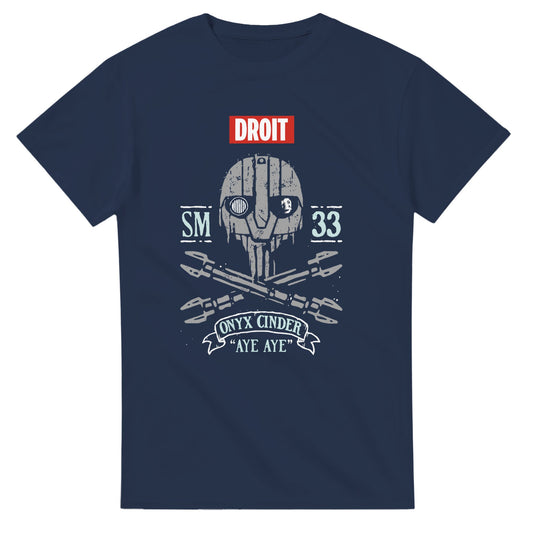 Navy blue Star Wars skeleton shirt with droid skull graphic and crossed blasters design