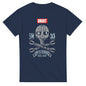 Navy blue Star Wars skeleton shirt with droid skull graphic and crossed blasters design