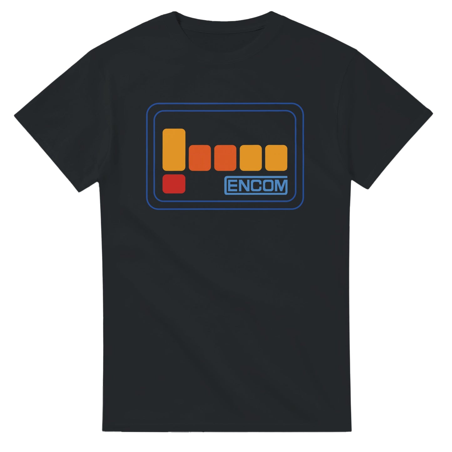 Black Encom Flynn shirt with colorful retro logo graphic by 101SHIRTS