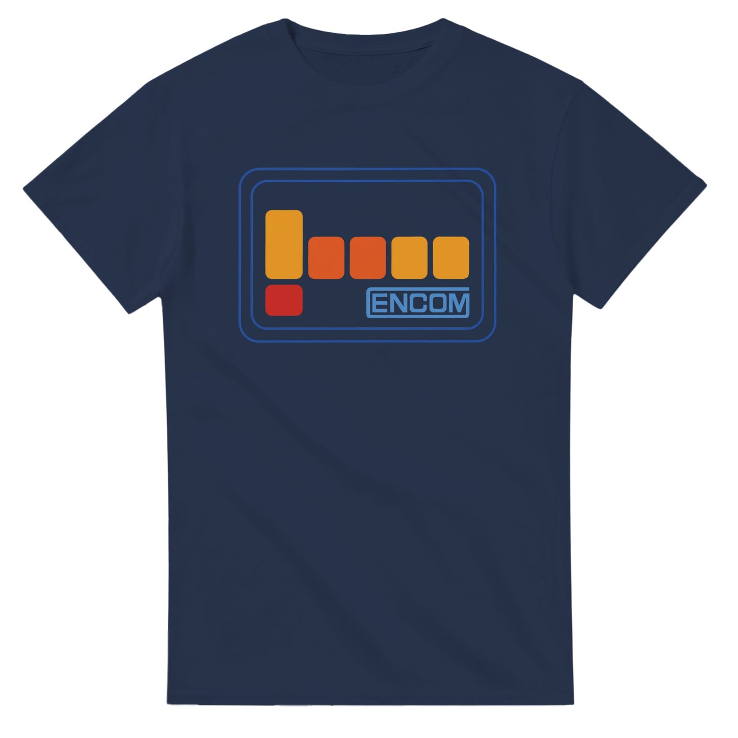 Navy blue Encom Flynn shirt with retro orange and red graphic design by 101SHIRTS