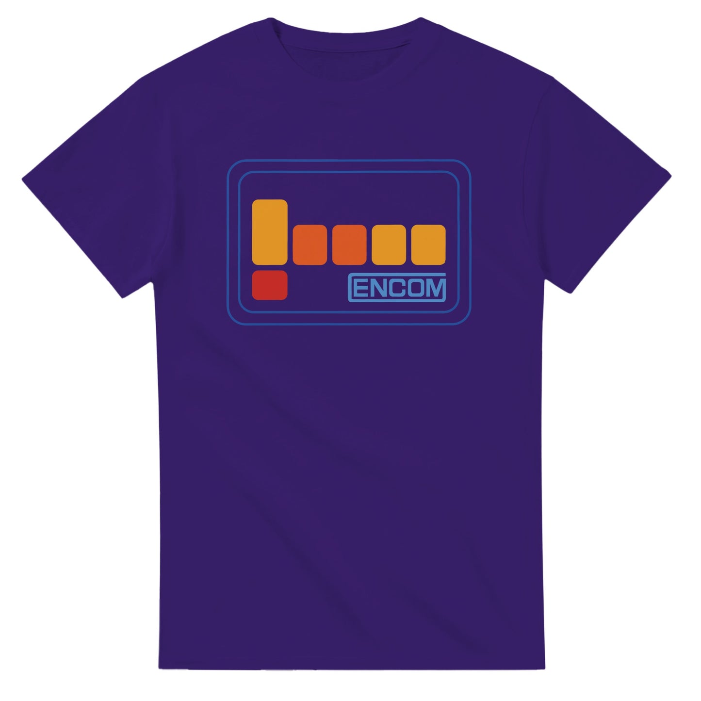 Purple Encom Flynn shirt from 101SHIRTS with retro colorful Encom logo graphic on front