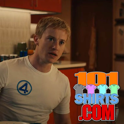 White Fantastic Four logo t-shirt worn by a man, featuring a blue number four emblem on chest