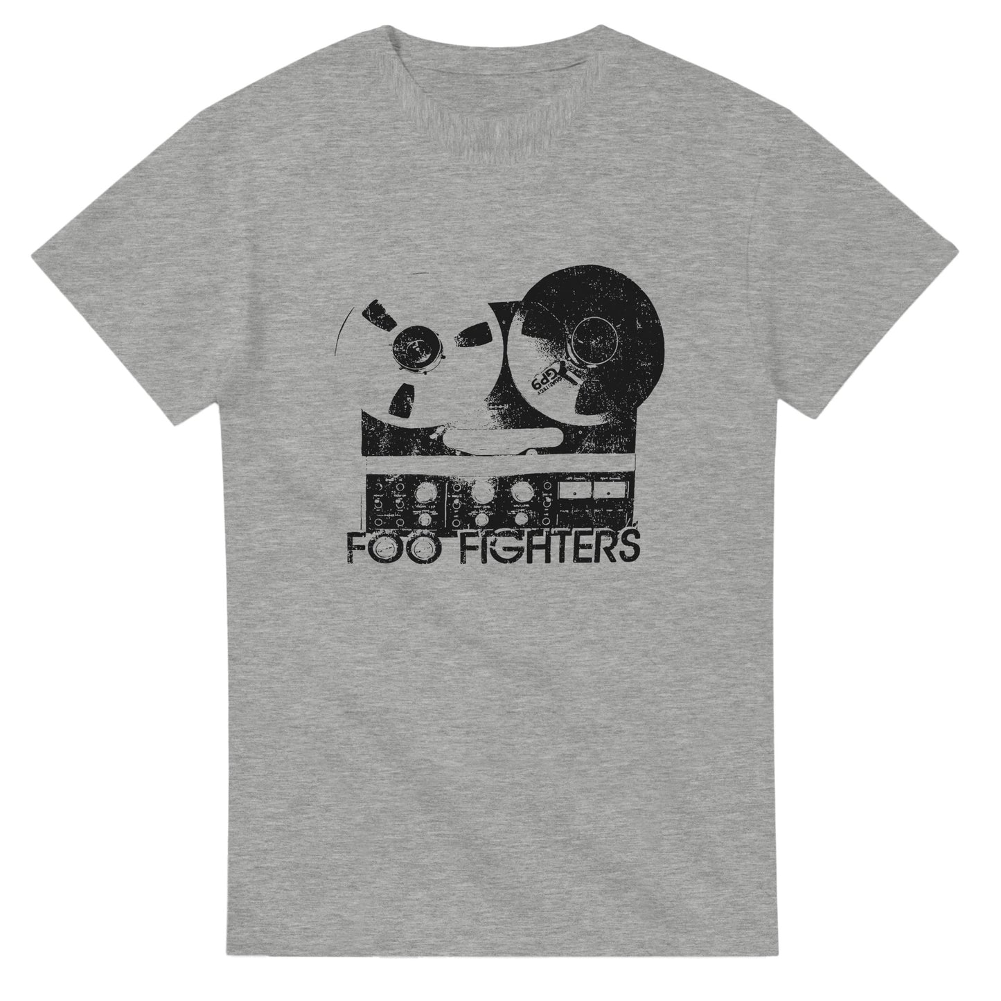 Gray Foo Fighters tour t-shirt with vintage reel-to-reel tape recorder graphic and band name