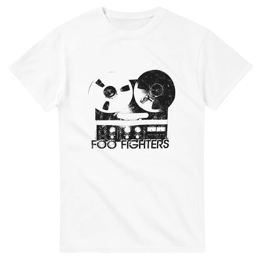 White 101SHIRTS Foo Fighters tour t-shirt with vintage reel-to-reel tape recorder graphic