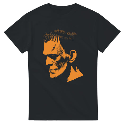 Black 101SHIRTS Frankenstein monster face t-shirt with orange graphic design on front