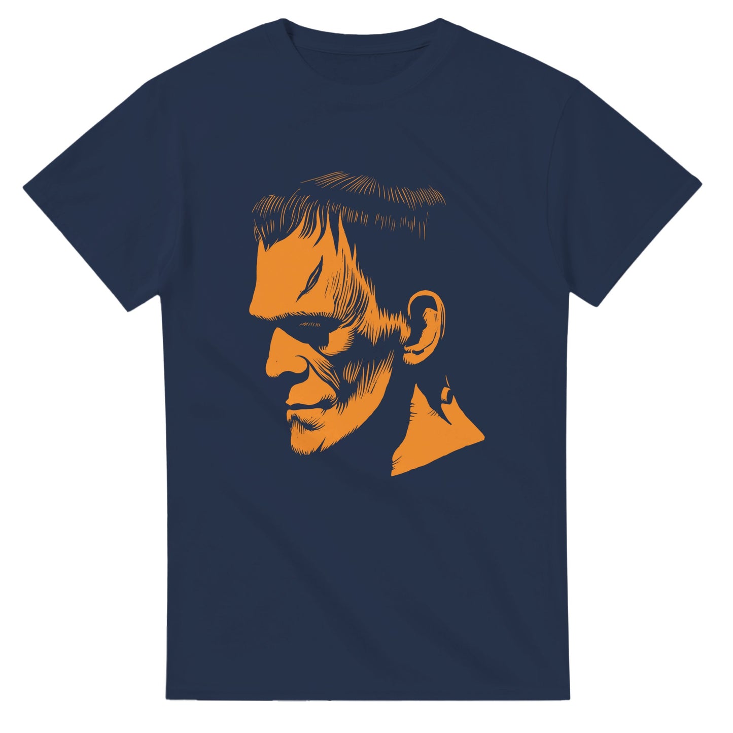 Navy blue t-shirt featuring an orange Frankenstein monster face t-shirt graphic design