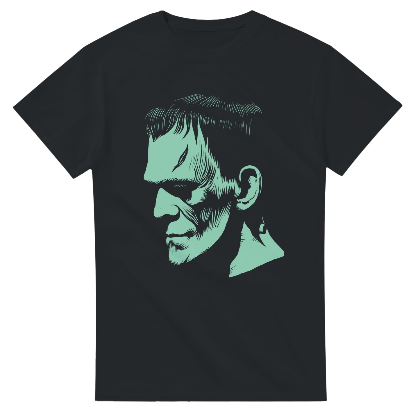 101SHIRTS black Frankenstein monster t-shirt with detailed green graphic of Frankenstein's face