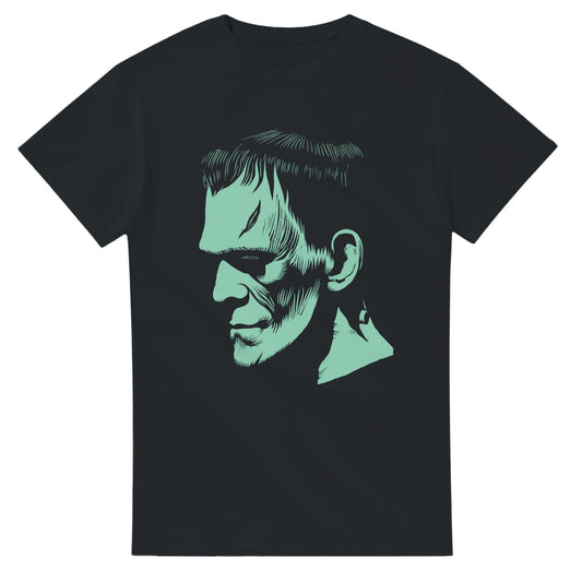 101SHIRTS black Frankenstein monster t-shirt with detailed green graphic of Frankenstein's face