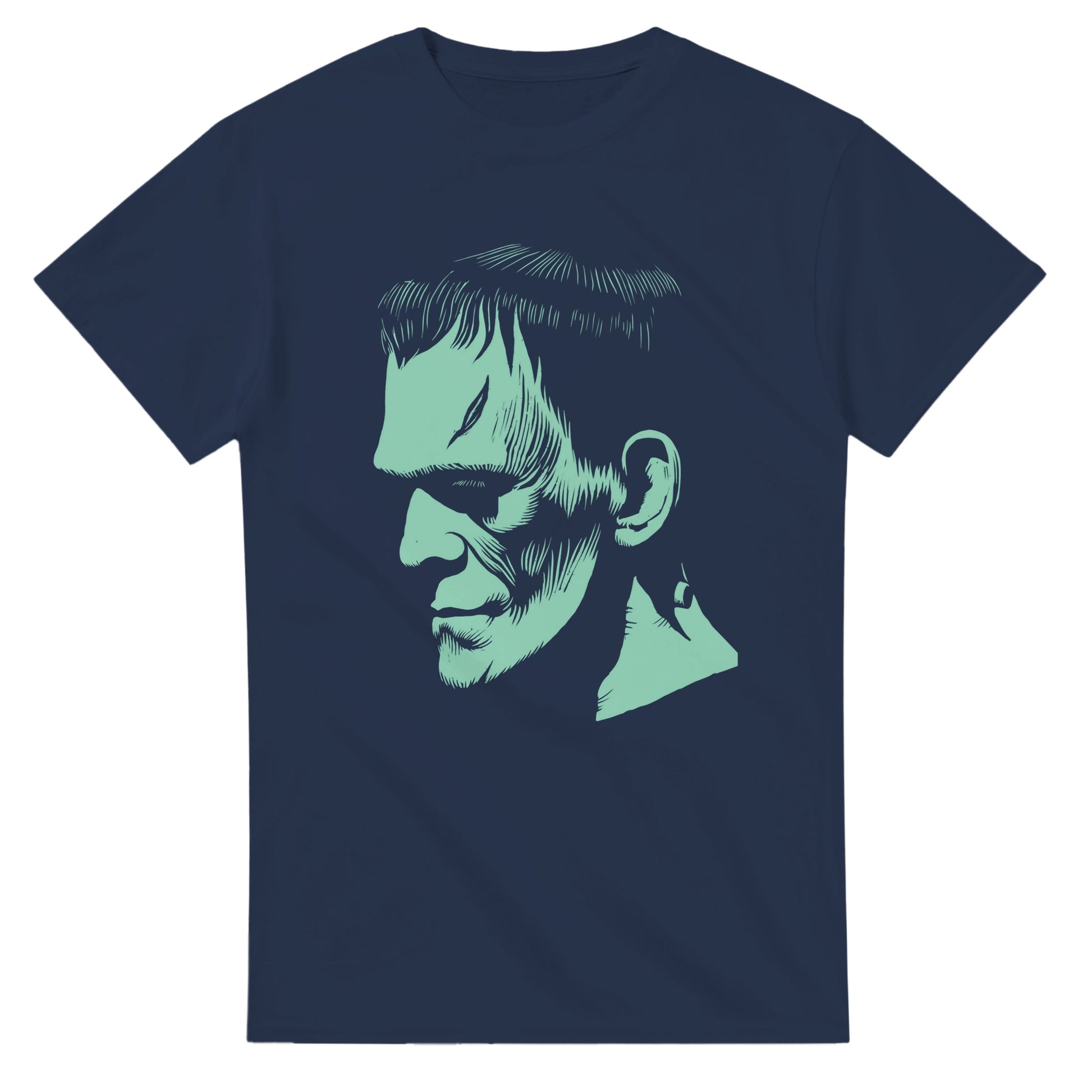 Navy blue Frankenstein monster t-shirt with a detailed graphic of Frankenstein's face from 101SHIRTS