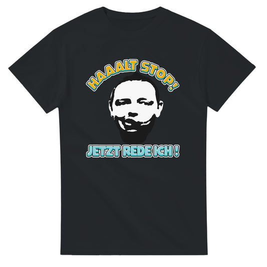 Schwarzes Frauentausch halt stop t-shirt mit gesichtsprint und Aufschrift jetzt rede ich