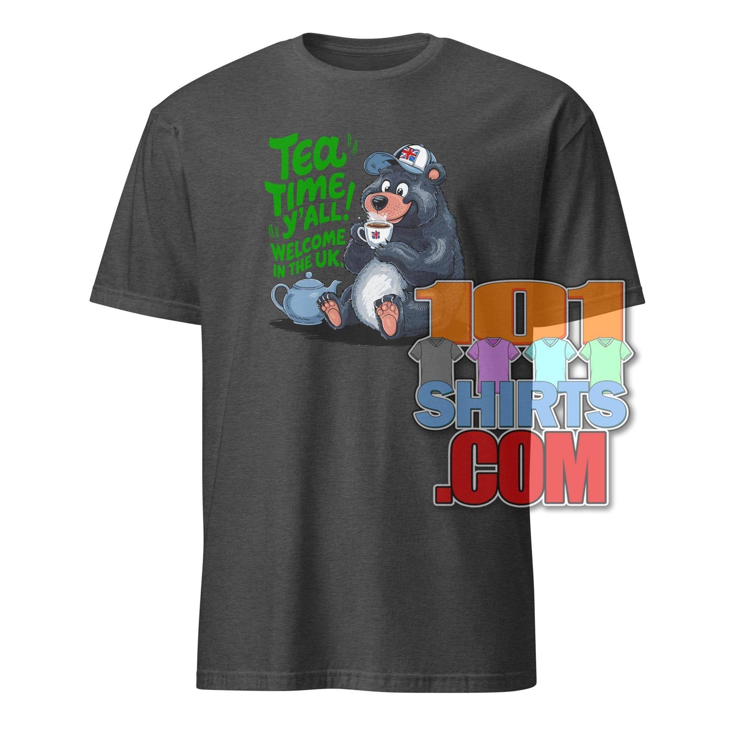 Funny British tea shirt with bear drinking tea and green text on dark gray T-shirt