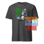 Funny British tea shirt with bear drinking tea and green text on dark gray T-shirt