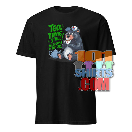 Funny british tea shirt black tee with cartoon bear drinking tea and green text from 101SHIRTS