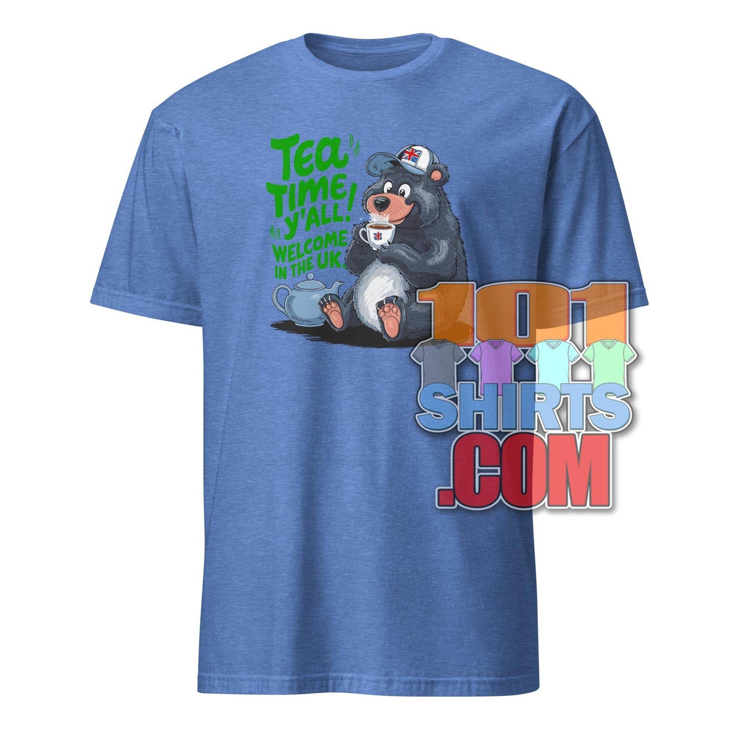 Funny British tea shirt with cartoon bear drinking tea and text Tea Time Y'all Welcome in the UK