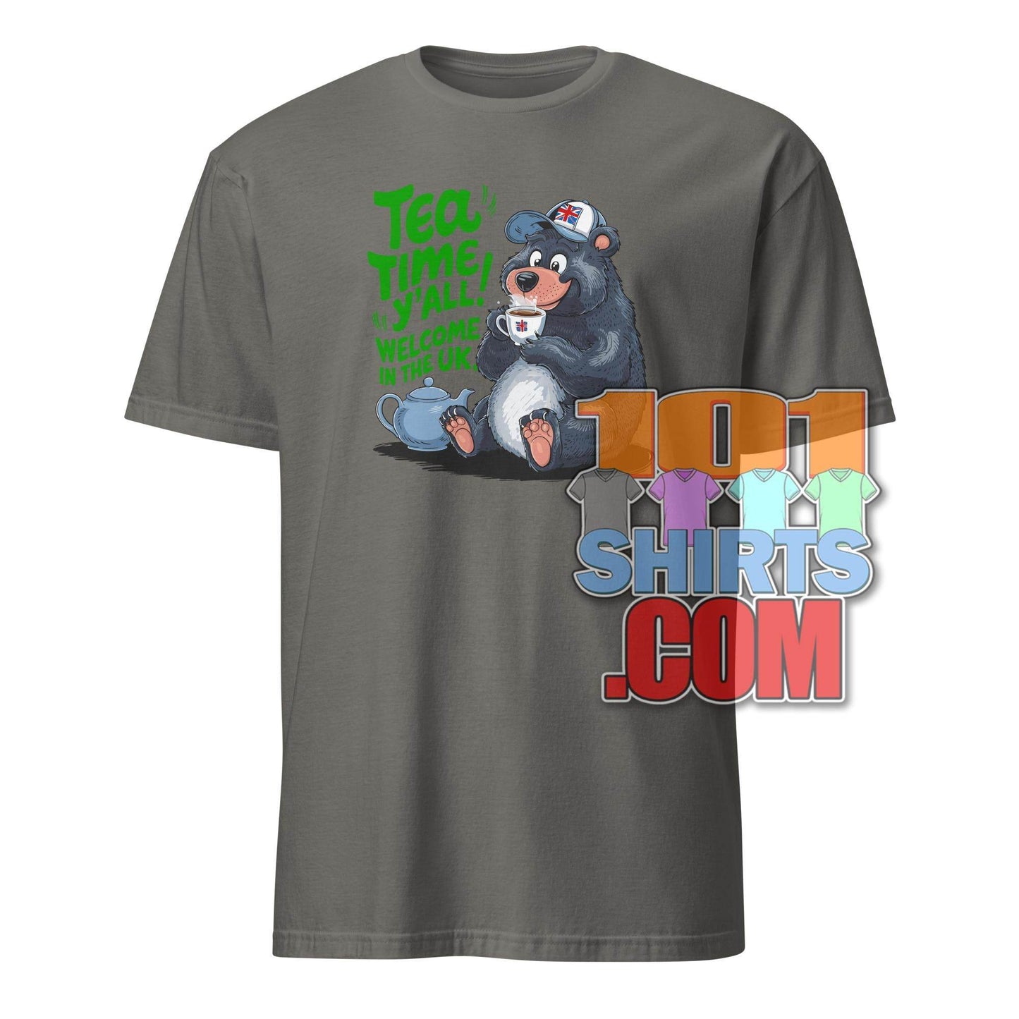 Funny british tea shirt with cartoon bear drinking tea and green text on gray tee by 101SHIRTS