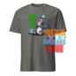 Funny british tea shirt with cartoon bear drinking tea and green text on gray tee by 101SHIRTS