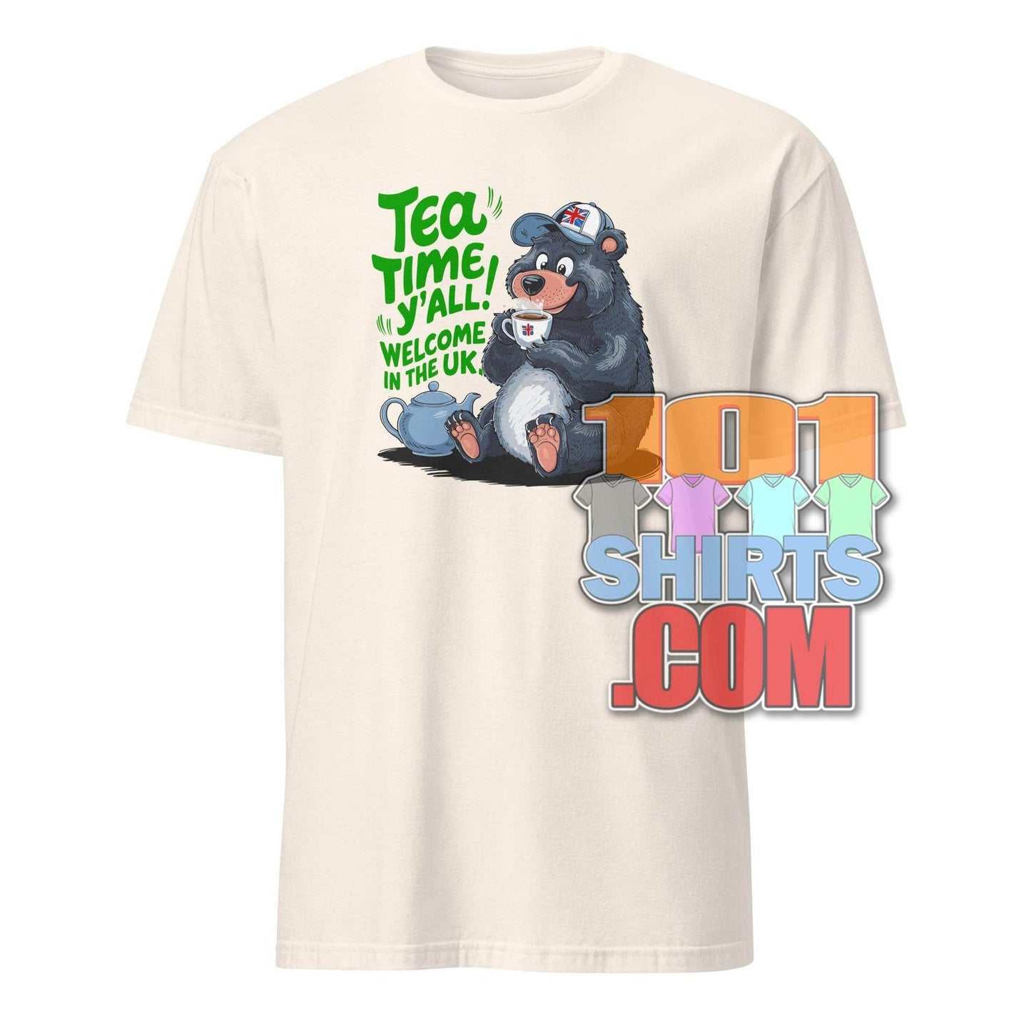 Funny british tea shirt featuring a bear drinking tea with text Tea Time Y'all Welcome in the UK