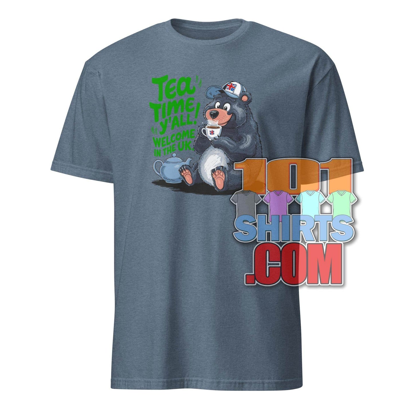 Funny british tea shirt featuring a cartoon bear drinking tea with green text on a blue T-shirt