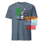 Funny british tea shirt featuring a cartoon bear drinking tea with green text on a blue T-shirt