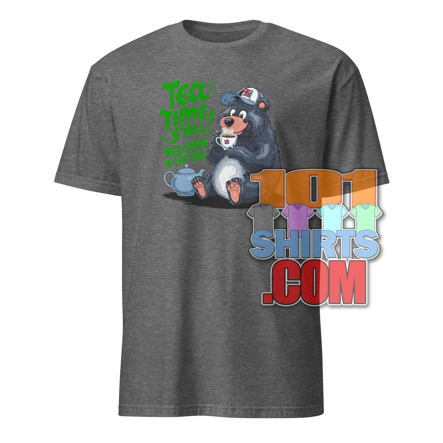 Funny british tea shirt featuring a cartoon bear drinking tea with green text on a gray tee
