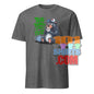 Funny british tea shirt featuring a cartoon bear drinking tea with green text on a gray tee